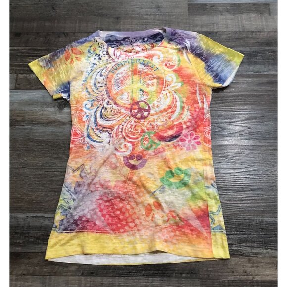Step Ahead Womens Large Multi Color Tie Dyed Peace Sign Short Sleeve Tee T Shirt - Picture 1 of 5